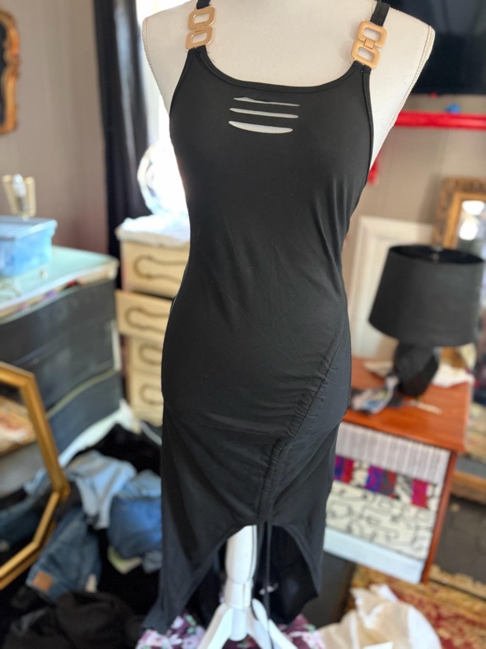 Black Asymmetrical Bodycon Dress with Gold Buckle Straps